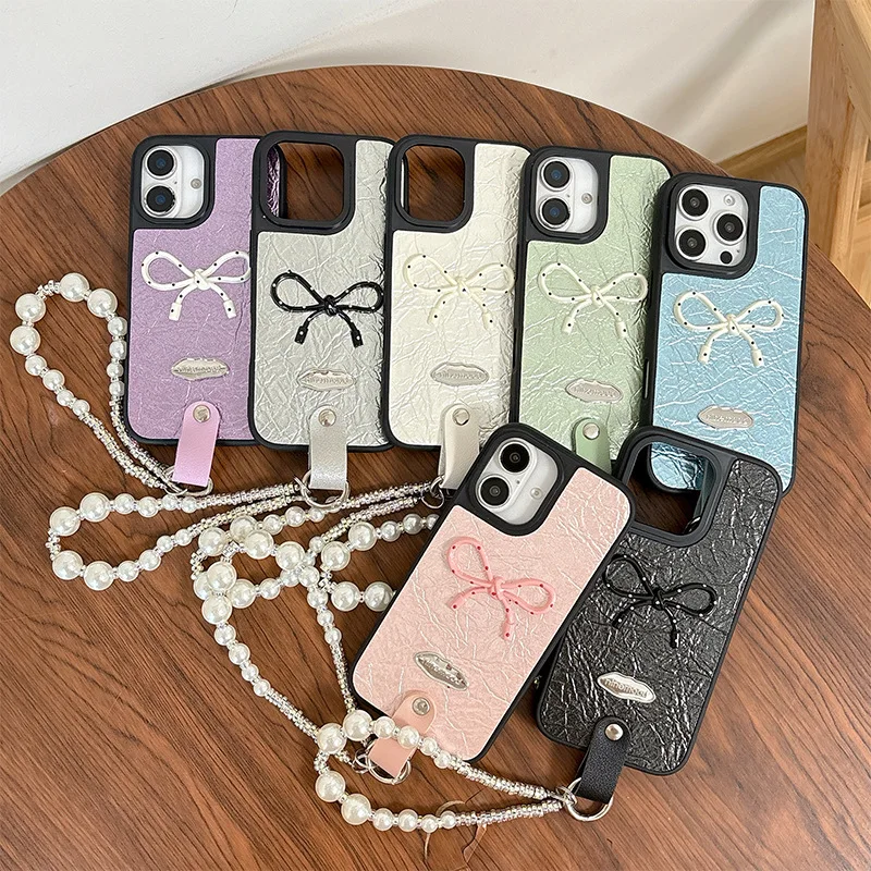 Women's Fashion PU Case Pearl Bracelet Bowknot 17 Pro Max case Luxury Design Phone Cover iphone 15 14 13 12 for iPhone 16 Pack of 5