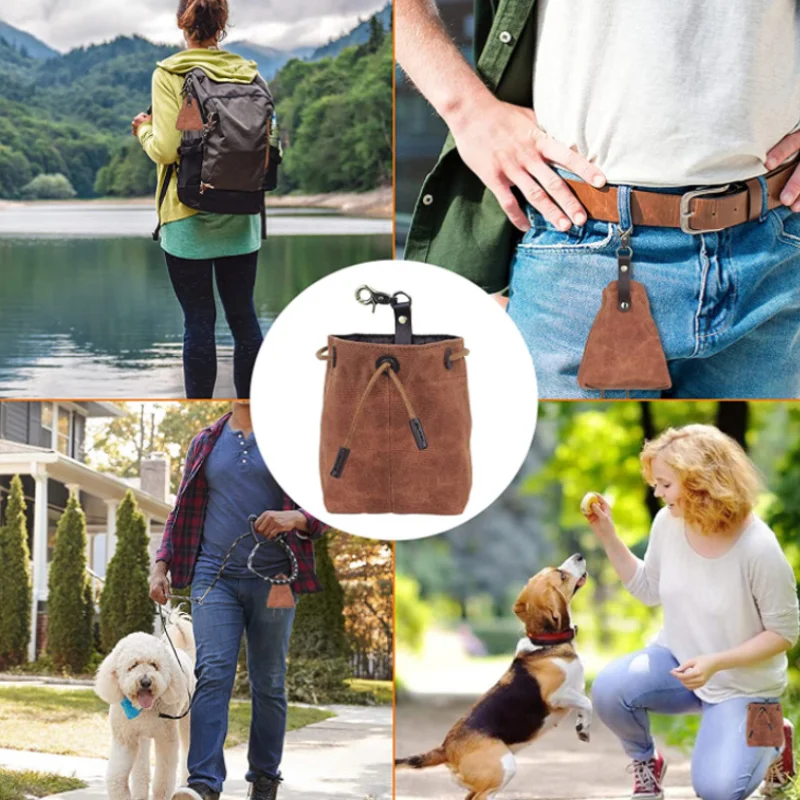 Factory Supply Waxed Canvas Dog Treat Bag Pouch Waterproof Leather Pet Snack Food Bag Holder With Hook for Pet Pack of 2 - Image 4