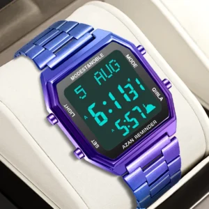 Qibla Compass Stainless Steel Sport Alarm Islamic Watch with Prayer Time Muslim Calendar LED Display Azan Feature Stop Watch Pack of 2