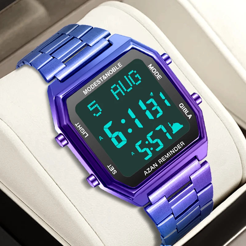 Qibla Compass Stainless Steel Sport Alarm Islamic Watch with Prayer Time Muslim Calendar LED Display Azan Feature Stop Watch Pack of 2