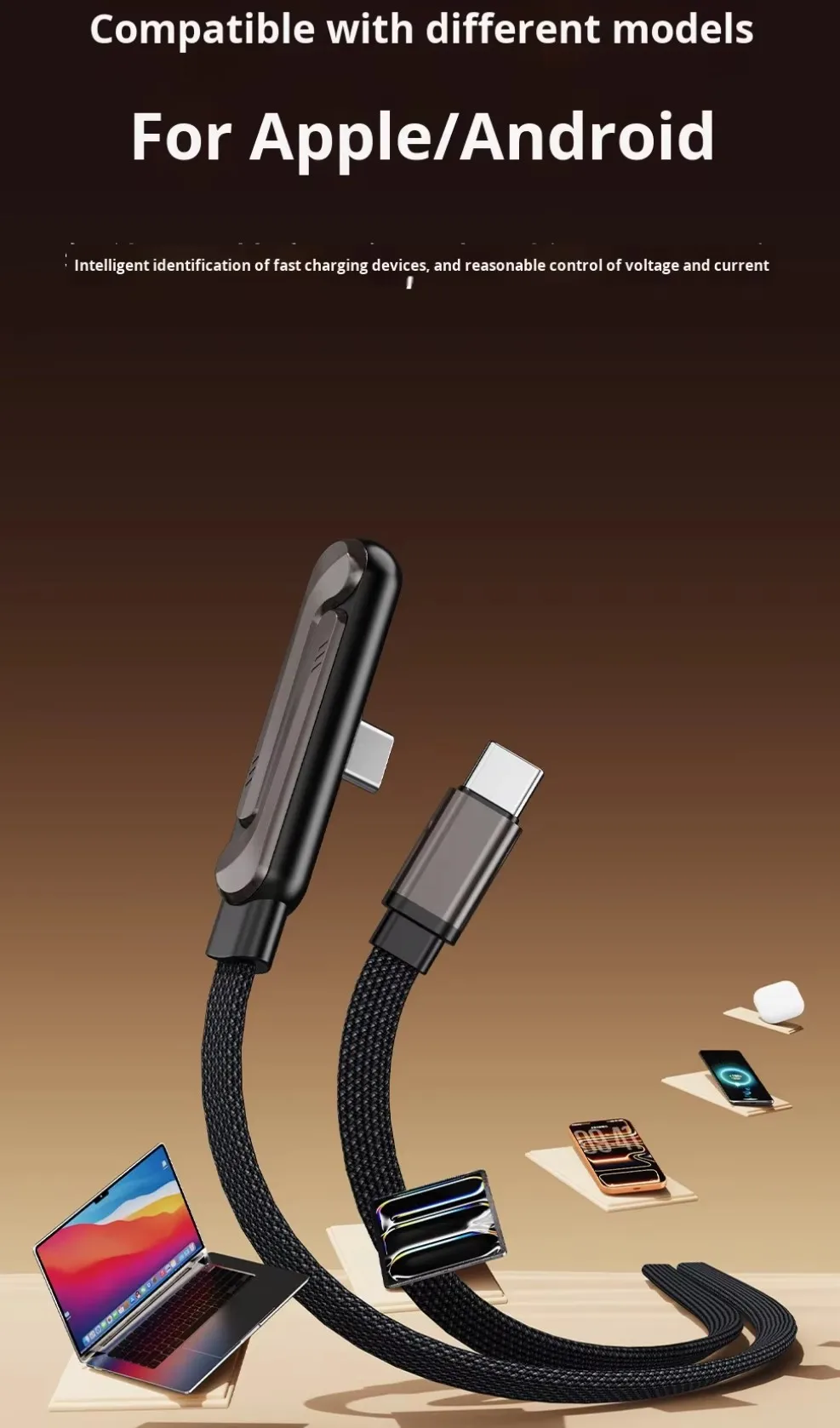 2-in-1 Stand Charging Cable Type C PD 240W Nylon Braided Elbow 180 Degree Fast Charger Flat Data Cable for Android Smartphones Pack of 10 - Image 2