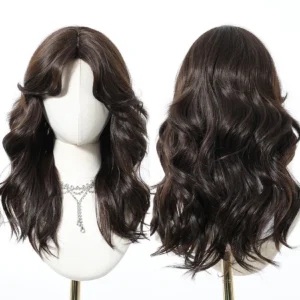 20inch Black Brown Ombre Wig Natural Color Heat Resistant Fiber Fluffy Loose Breathable Cap Rose Net Real Photo