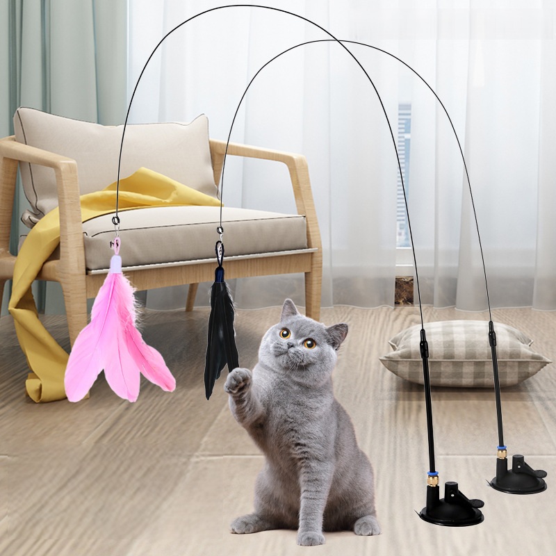 Factory Small Cat Teaser Toys Natural Bird Feather Strong Suction Cup Hands-Free Auto Detachable Wire Rod Cat Interactive Toys - Image 2