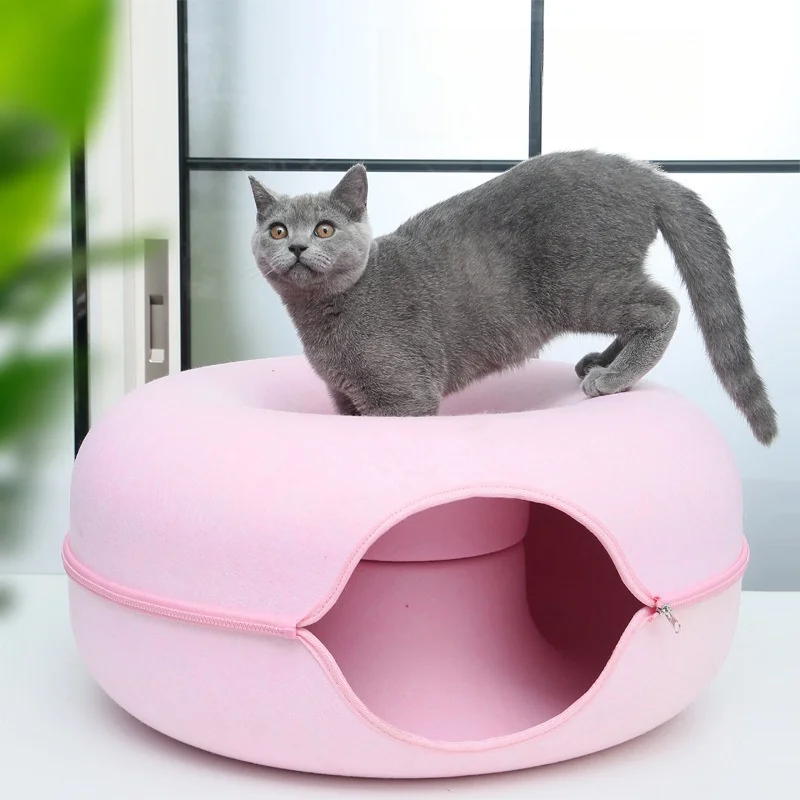 Cat Tunnel Bed Solid Pattern Donut Shape Doughnut Felt Pet Accessories Comfortable Closed Tire for Pets - Image 3