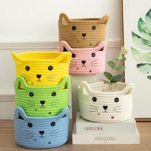 Cat Basket Storage Woven Organizer with Ears Decorative Pet Toy Cute Basket Cotton Rope Basket for Gift Toy Bin Box Pack of 50