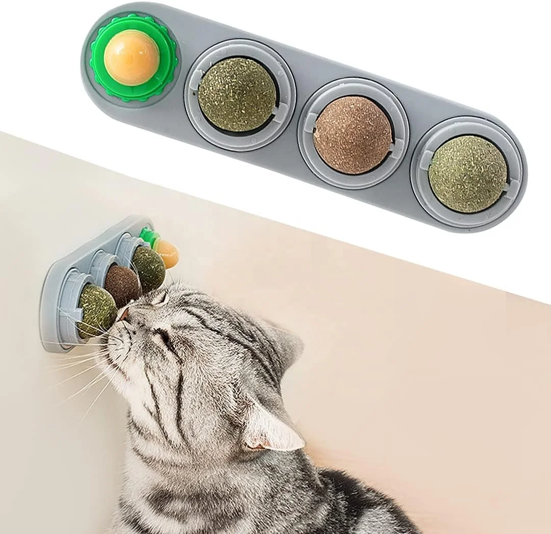4 Catnip Silvervine Ball Toys Extra Cat Energy Ball Edible Cats Lick Kitten Chew Teeth Cleaning Dental Wall Treats