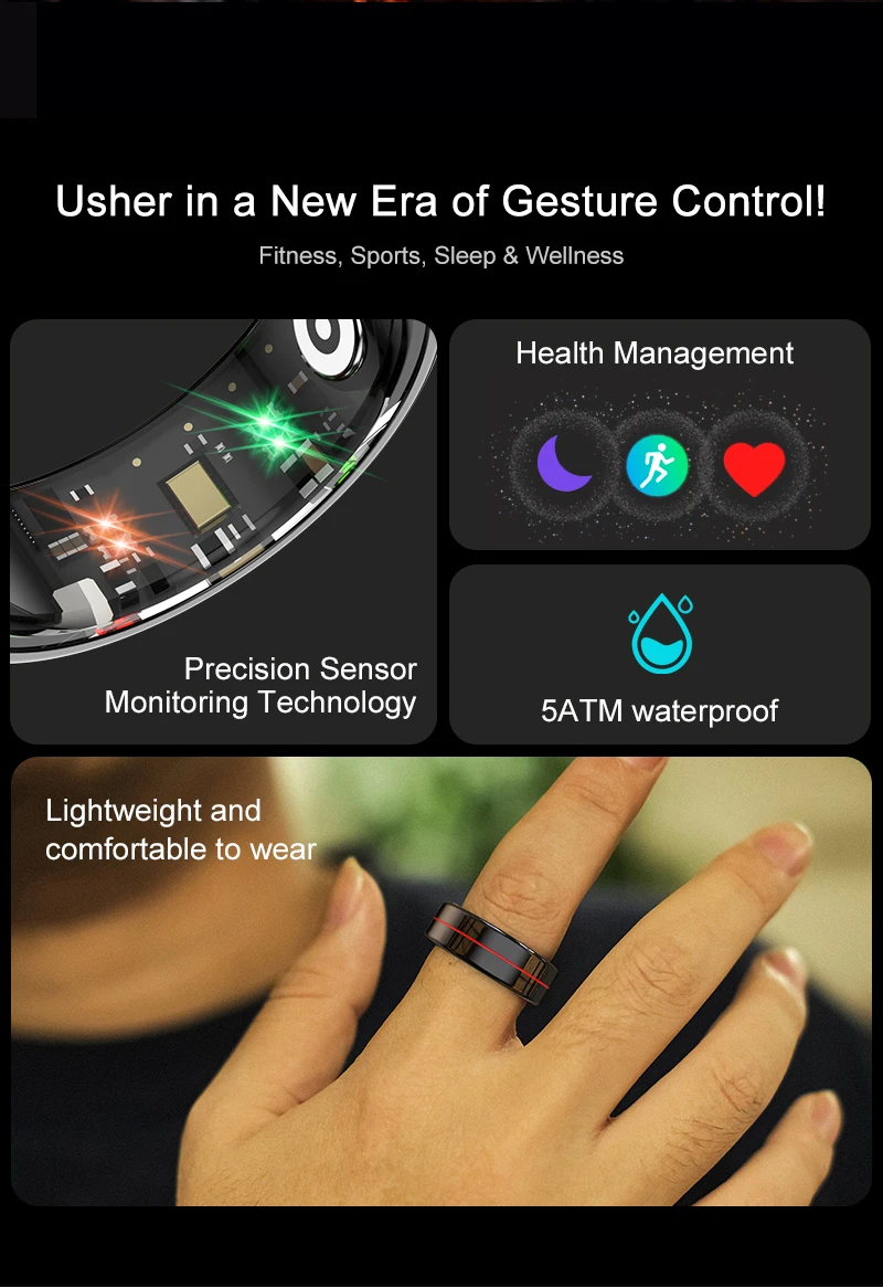Smart Ring with Charging Case Health Sleep Monitor 5ATM Waterproof Multi-sport Mode Camera Control WiFi for Men and Women - Image 3