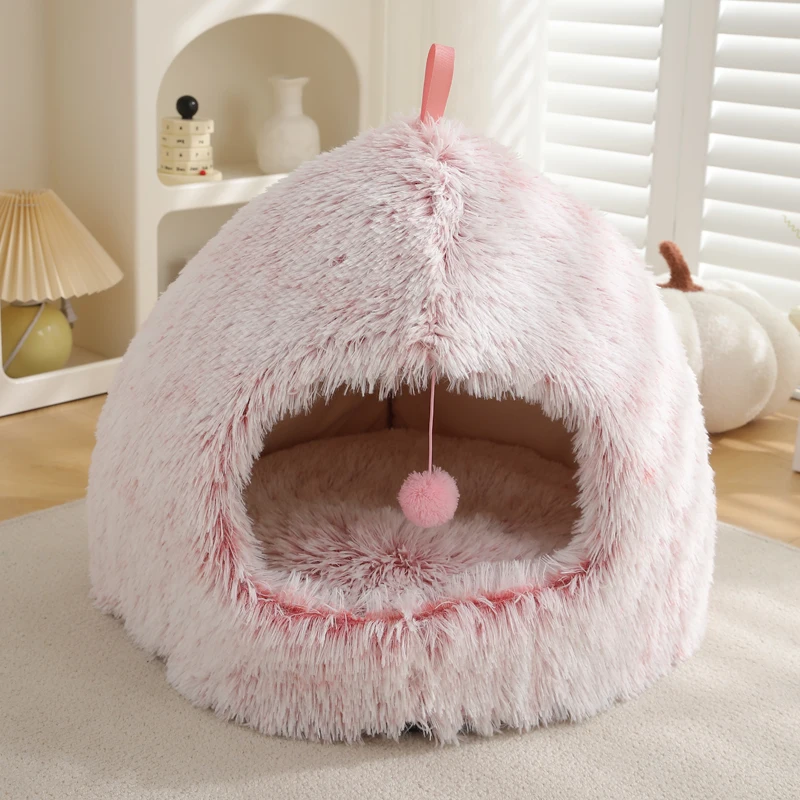 Dropshipping Multi Colors Winter Cozy Luxury Pet Bed House Fluffy Plush Warm Washable Portable Cat Cave for Indoor with Ball Toy - Image 4