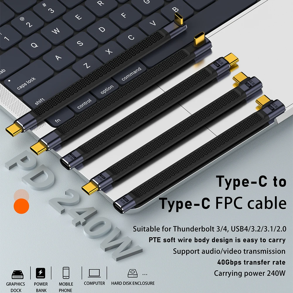 USB4 40Gbps Type-C to Type-C Male 240W 8K 60HZ Flat Slim FPC 5A Fast Charging Cable for Computer & Phone 13cm Pack of 10 - Image 2