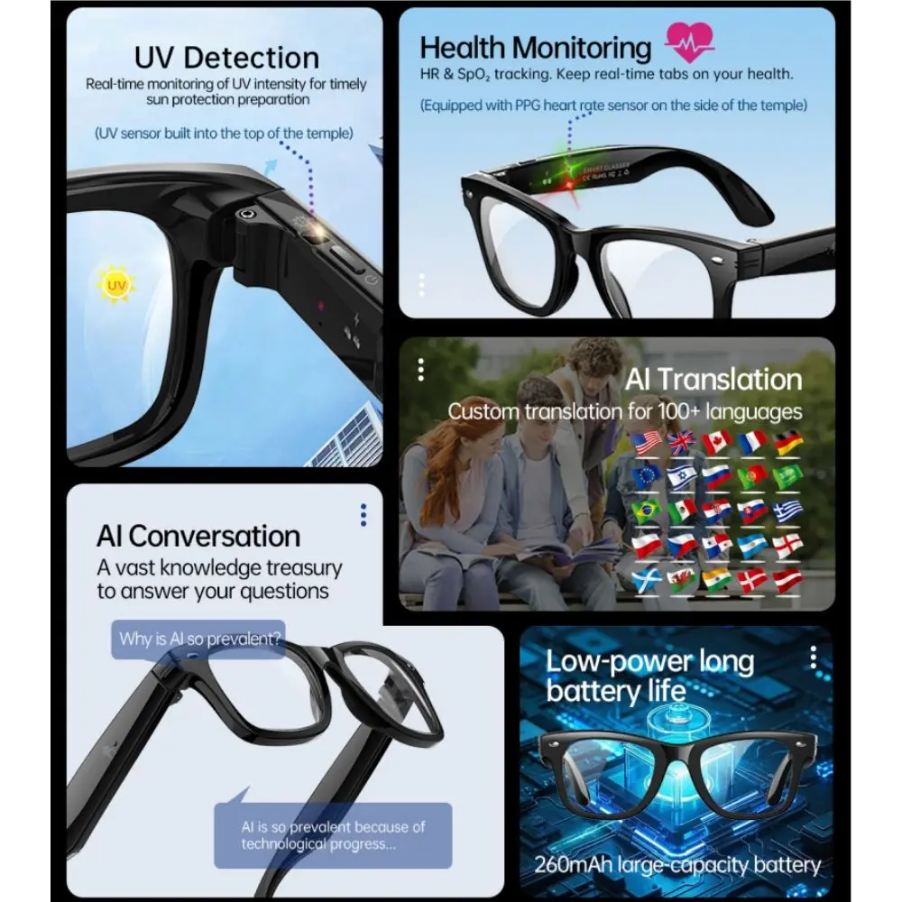 W300 Health Monitoring Smart Glasses with Heart Rate Blood Oxygen Body Temperature Tracking UV Detection Fashion Sunglasses Pack of 2 - Image 4