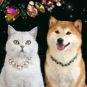 Luxury Pet Accessories Stylish Pet Necklaces - Adjustable Size with Elegant Gemstone & Pearl Design, Ideal for Special Occasions Pack of 2