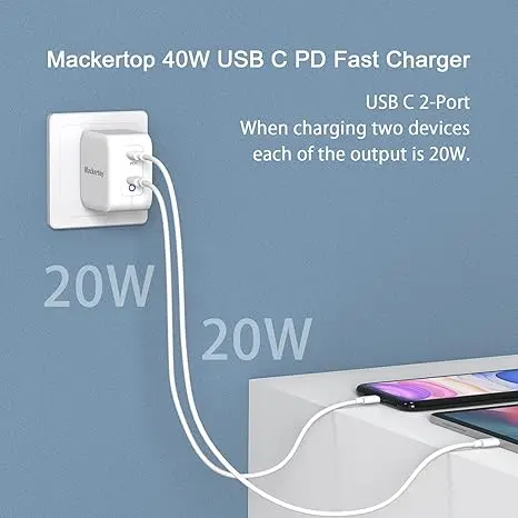 40W Dual-Port USB Fast Charger 2 Type-C Charge Two Devices Power Adapter for iPhone /Android for Ipad Laptop Switch Pack of 10 - Image 2