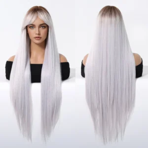 High Fiber Synthetic Matte Wig Long Straight Dark Root Ombre Silver Wig with Bangs Elastic Rose Net Cap Real Shot 30inch