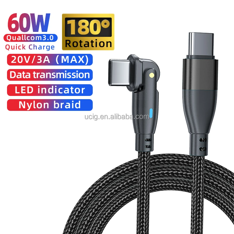 PD60W QC3.0 Fast Charging 180 Degree Swivel Right Angle USB C/TYPE C Nylon Braided Phone Charger Cord Charging & Data Cable - Image 2