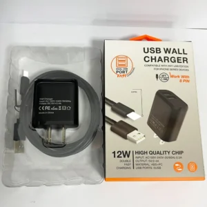 Retail Box Packing Cheap Price 12W Black US Plug Double USB Mobile Phone Charger with USB to 8 Pin Cable Set for IPad/AirPods Pack of 50