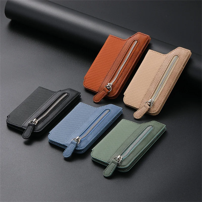 Creative Personality Back Stick Phone Card Bag Left and Right Flip Covers With Zipper Wallet Holder Mobile Phone Bag Pack of 5