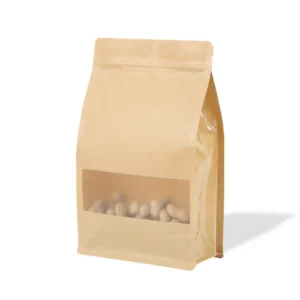 Biodegradable Brown Kraft Paper Flat Bottom Side Gusset Stand up Pouch Ziplock with Window Packaging Food Bag