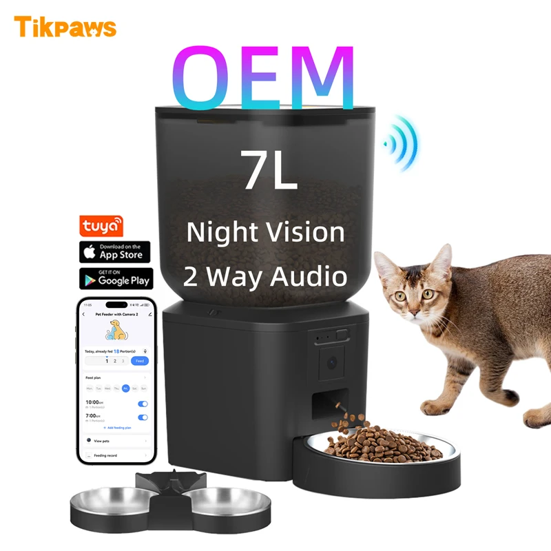 OEM 7L Cat Food Dispenser With Camera Timer Dry Food Tuya Voice Recording Night Vision Automatic Pet Feeder With App 7L Capacity Pack of 12