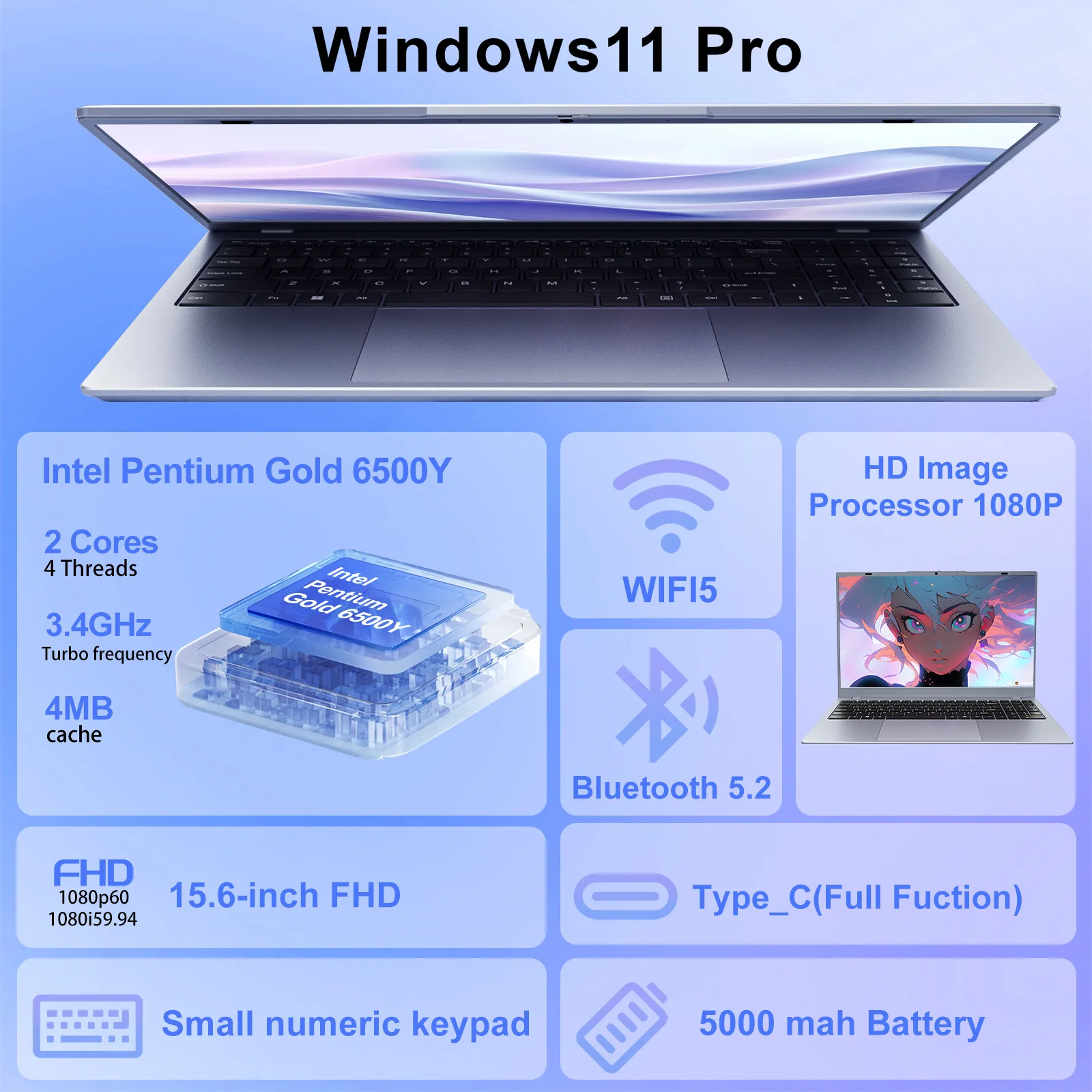 15.6 Inch Intel 6500Y 8GB+256GB SSD Laptop Computer Windows 11 China Factory Cheap Gaming Laptop Computers Laptops and Desktops - Image 2