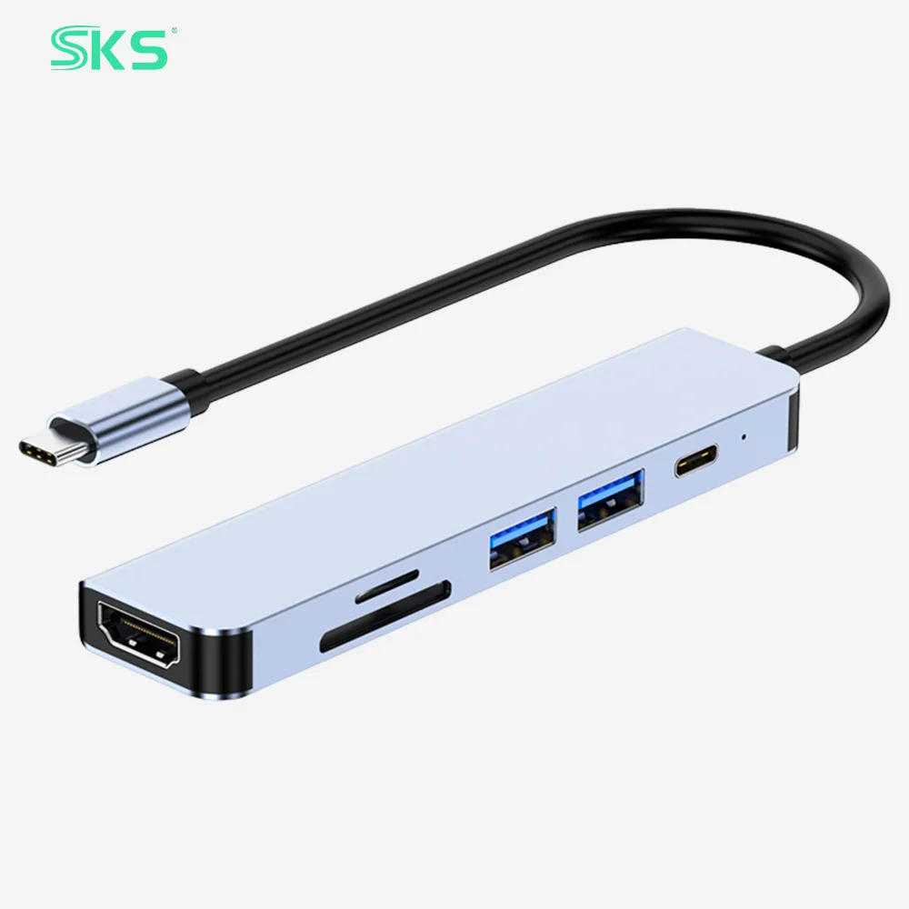 6-in-1 USB C Multiport Hub Adapter: HDMI Display + USB 3.0 + SD/TF Card Reader + PD Charging for MacBook, Laptop, Tablet