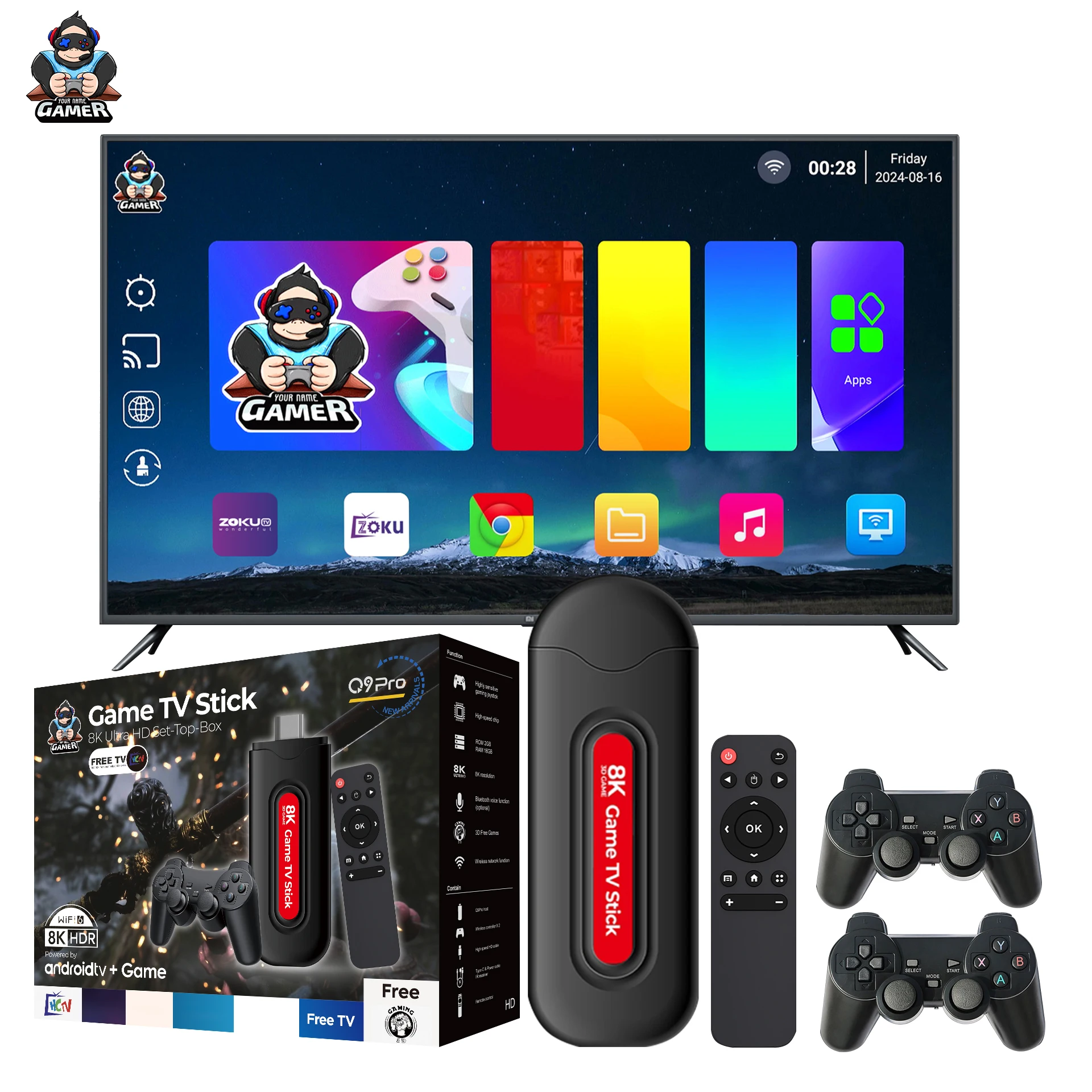 Zoku Q9PRO X2plus Retro Classic 8KHD 40000+ Wireless TV Game Console with Factory's 8KHD 40000+ Wireless Controller for Kids - Image 2