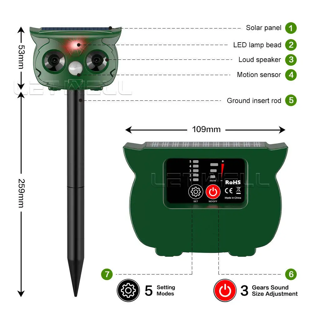Ultrasonic Animal Repellent Cat Dog Snake Mouse Deterrent Solar Powered Garden Waterproof Solar Animal Mole Repeller Farm Yard - Image 3