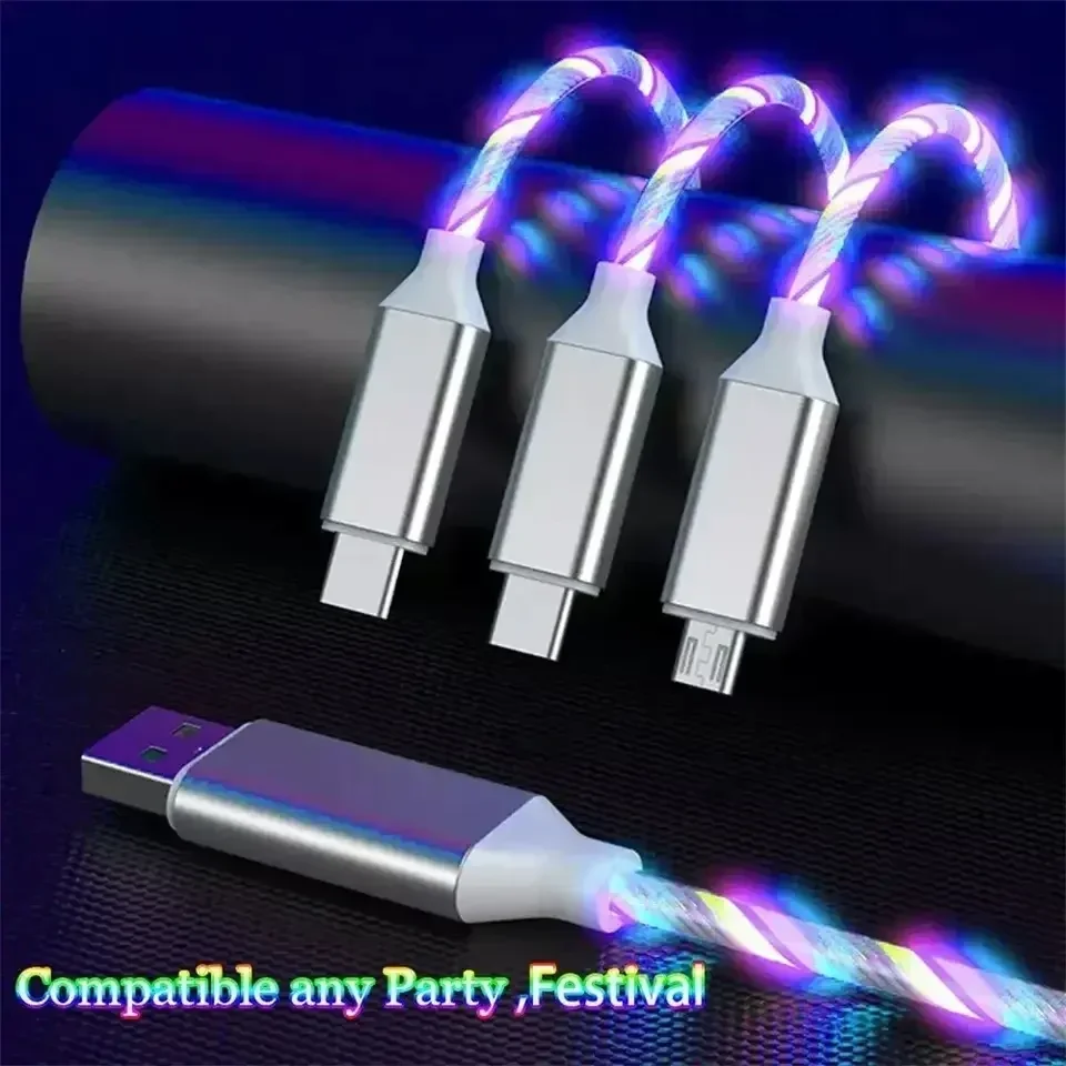 Glowing LED Light 3 in 1 Type C and USB Connectors Fast Charging Luminous Cable for iPhone Phone Accessories Pack of 200 - Image 2