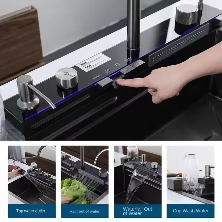 FSH OEM Black LED Waterfall Composite Sink Dish Washer Sink Smart Faucet Basin Dishwasher Stainless Steel Kitchen Sinks - Image 4