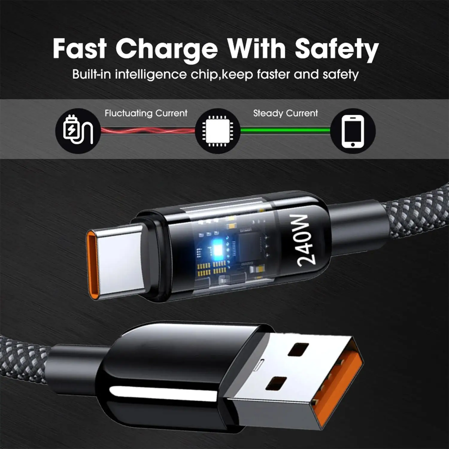 240W 6A USB Type-C Fast Charging Cable for Camera Mobile Phones Quick Charge Data Transfer Pack of 200 - Image 3