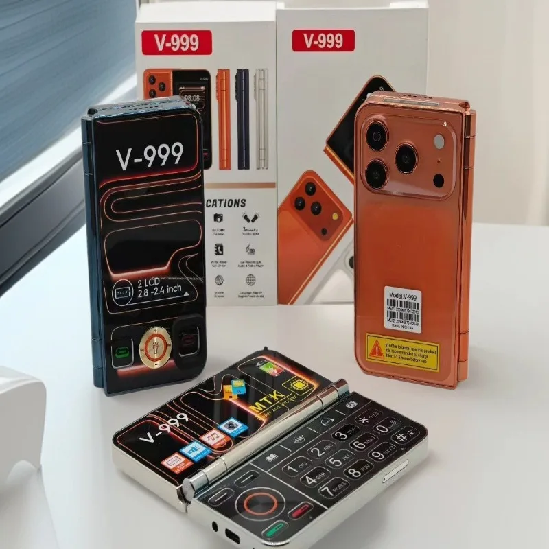 V-999 Foreign Language Version Dual Screen 2.8 Inch Folding Feature Phone Large Buttons Flashlight Spare Phone - Image 3
