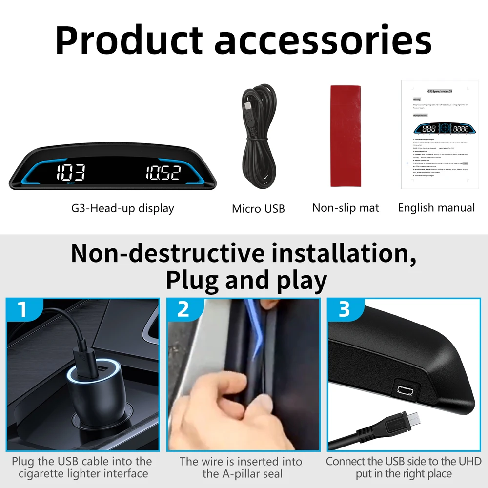 Auto HUD GPS Gauge Head up Display Car Gauge Speedometer With Over Speed Alarm Compass Clock Driving Distance Security - Image 3