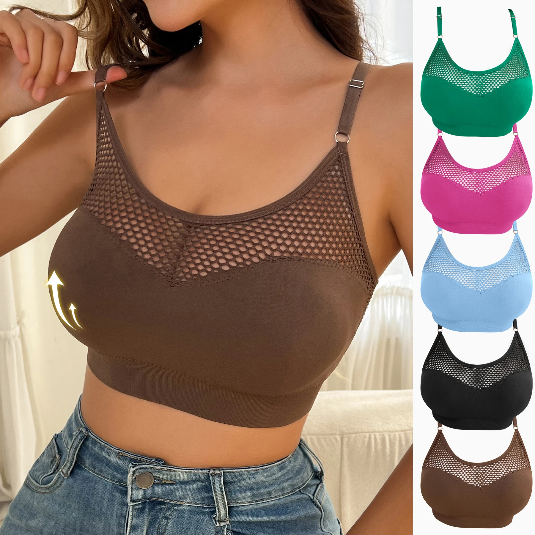 Spot Supply Ladies Seamless Yoga Tank Top Bra No Steel Rings Solid Color Hollow Out Breathable Mesh Adjustable Straps Vest Bra Pack of 7