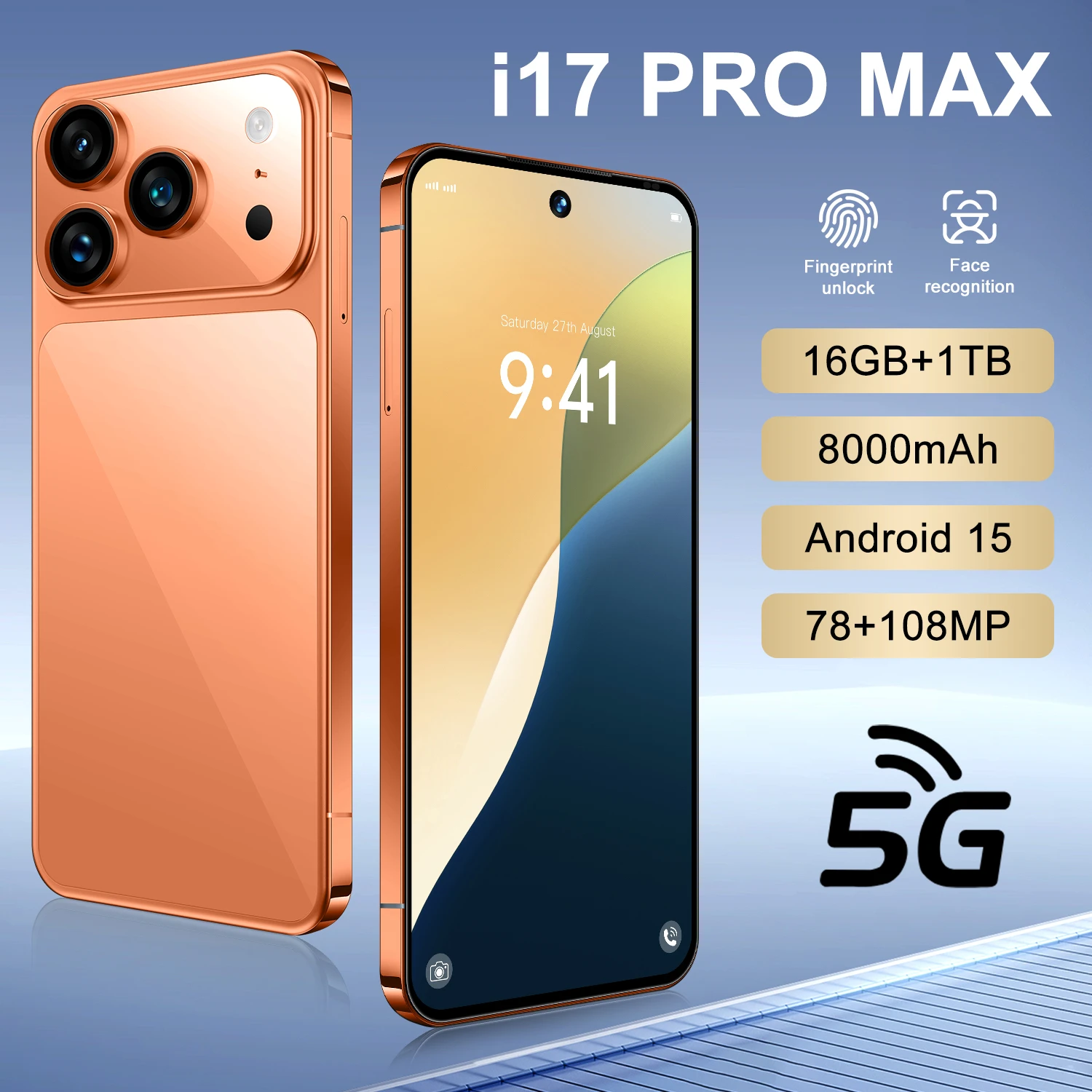 17 Pro Max 5G LTE Global Smartphone 8000mAh Battery 7.3" Inch Deca Core CPU 108MP Rear Camera HD OLED Display 120Hz Refresh Rate