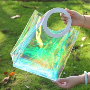 CSMD Chinese Manufacturers Wholesales PVC Material Cheap Price Round Handle Plastic Holographic Tote Bags for Beauties Packaging