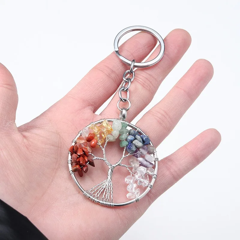 Natural Crystal Rose Quartz Life Tree Keychain Bulk Handmade Chakra Stone Chip Beads Gemstone Beads Yoga Charms Key Rings Pack of 10 - Image 2