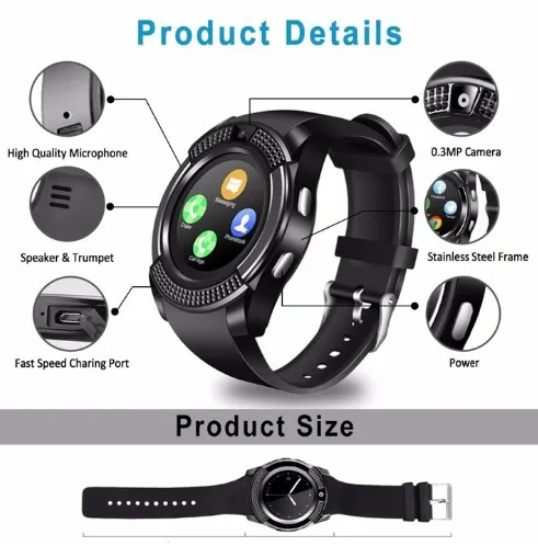 Fashion Pedometer 2g Sim Card Camera Watch Color Display Waterproof Device Wrist Smart Watch V8 Smartwatch for Android Ios Pack of 10 - Image 3