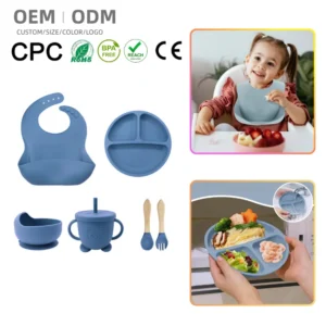 HuaLin 6-Piece Baby Eating Set Toddler Spoon Feeding Bib Kids Dinner BPA Free Multifunction Silicone Suction Plate Bowl Drinking