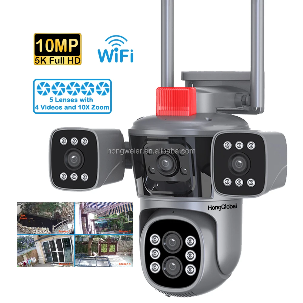HongGlobal 10MP Outdoor Wireless PTZ Surveil CCTV Camera 360 IP Home 5K Five Lenses 10X Zoom WiFi Security Network Camera