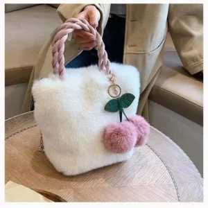 Cherry Korean Style Small Crossbody Plush Polyester Mobile Phone Bag Autumn Winter Braided Handle Chain Strap Handbag Pack of 2
