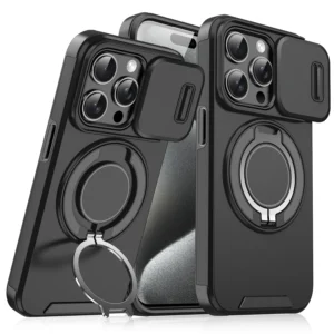 Heavy Rugged Hybrid Armor 2 in 1 Slide Camera Lens Protection Case 15 14 Pro Max with Ring Holder for iPhone 16 Pack of 20