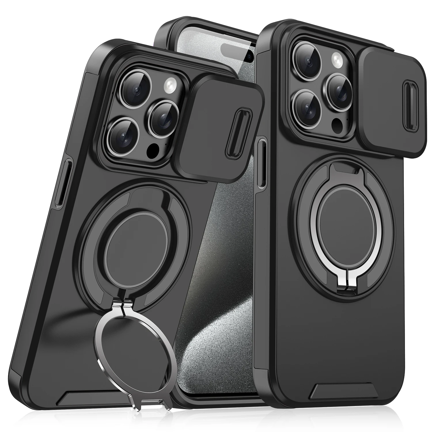 Heavy Rugged Hybrid Armor 2 in 1 Slide Camera Lens Protection Case 15 14 Pro Max with Ring Holder for iPhone 16 Pack of 20