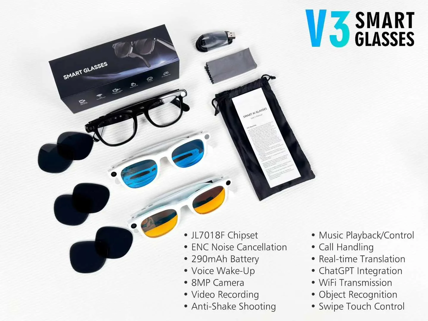 MINGTAIHE New Smart Glasses 4K HD Camera WiFi Music Player USB Charging Hands-Free Recording Cycling Running Vlog Open Ear Pack of 2 - Image 2