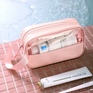 Wholesale Portable Transparent PVC Clear Makeup Bag Travel Toiletry Bag With Zipper Closure Two Handles PU Material Wash Bag Pack of 5