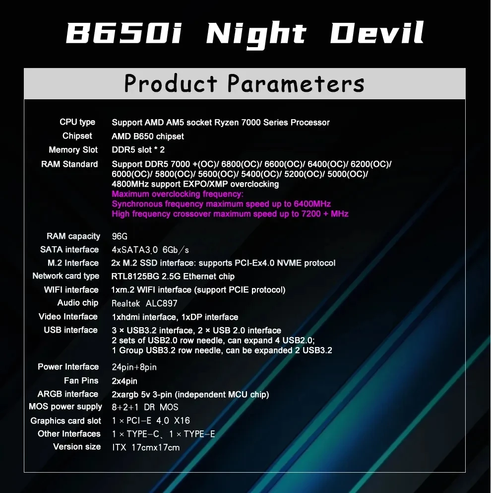 JGINYUE B650i Night Devil AM5 DDR5 Motherboard Supports R7000 Series CPU Processors DDR5 ITX Motherboard - Image 3