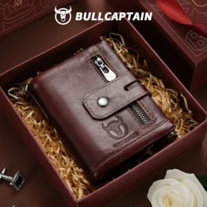 BULLCAPTAIN Men Custom Purse Double Zipper Cowhide Coin Purse Card Holder Rfid Blocking Genuine High Quality Leather Wallet