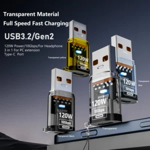 USB3.2 Gen2 USB-A to USB-C Adapter Combo 4 Colors 10Gbps 120W AC Powered LED Compatible Phone & PC OTG Pack of 10