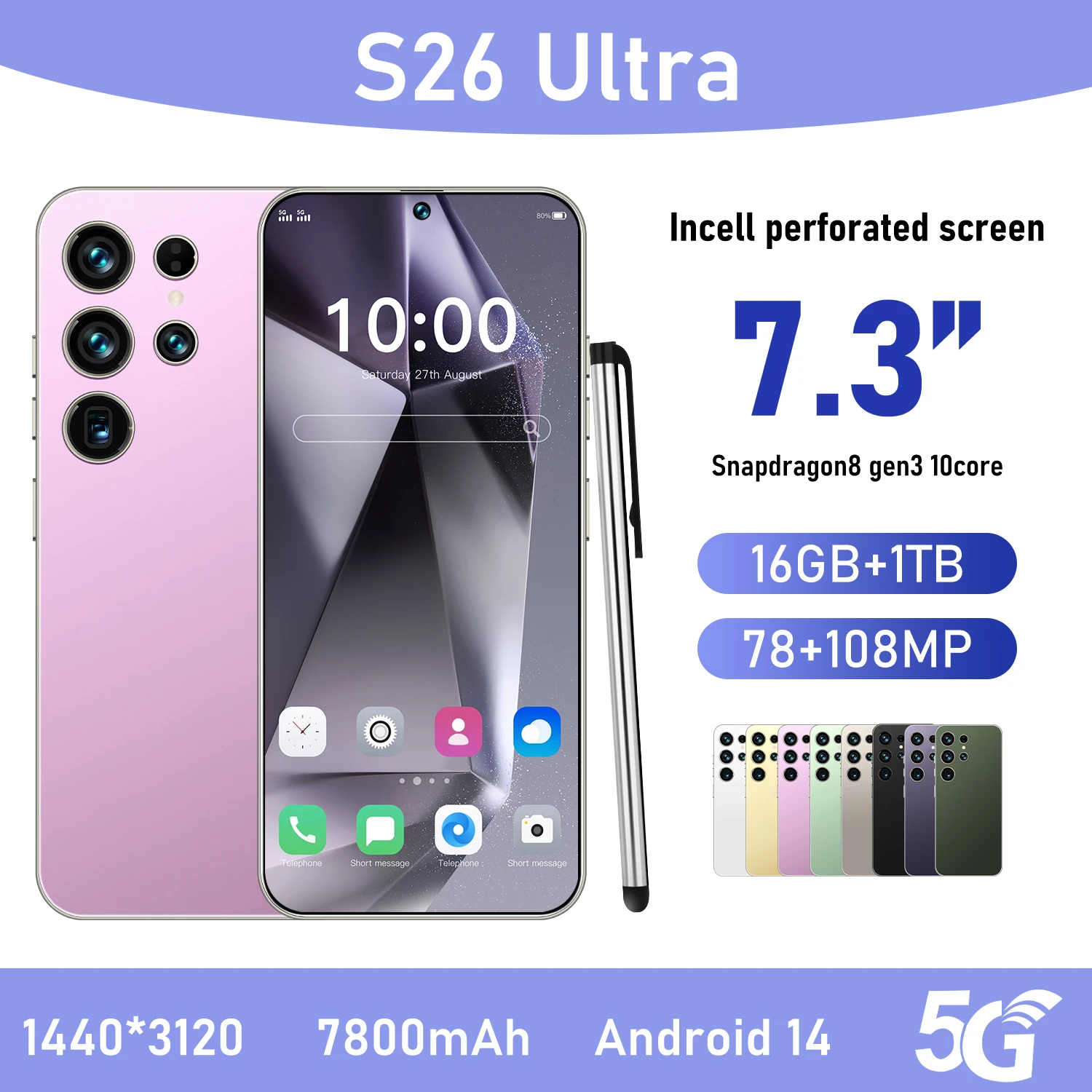 Unlocked S26 Ultra Smartphone 7.3 Inch Incell HD Screen 16GB+1TB Android 15 108MP Rear Camera LTE Spanish - Image 4