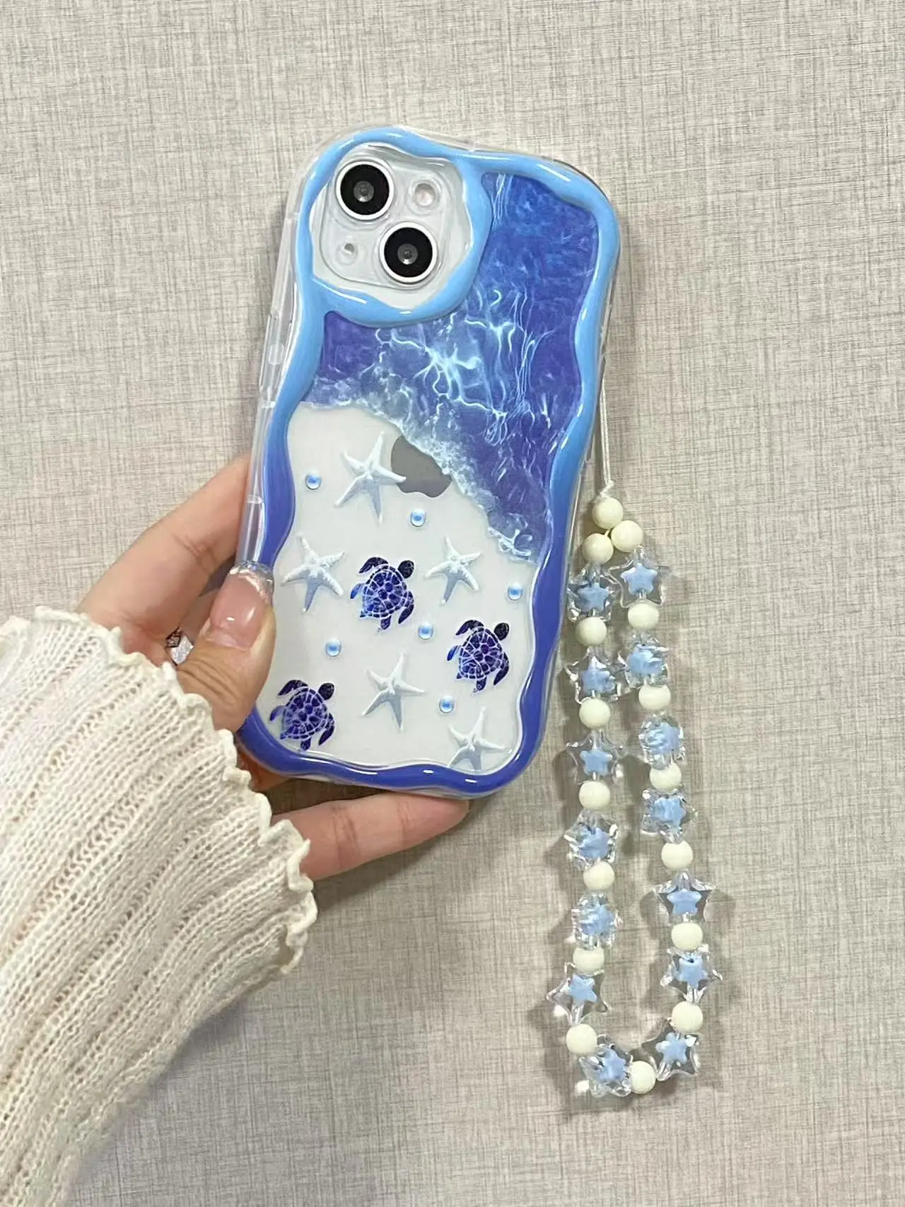 for Mobile Phone Cases Ocean Wave Turtle Beaded Lanyard Curly Frame Soft TPU Cover UV Painting Case Pack of 5 - Image 3