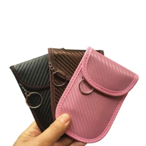 QRF-09 Carbon Fiber Leather RFID Car Key Signals Blocker Case with Key Hook Keyless Car Theft Pouch Faraday Bag Pack of 100