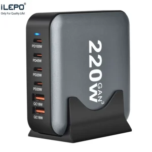 220W GaN 2A+4C Electric Charging Station PD 3.0 Fast for IPh Laptop Earphone Smart Watch Type-C Charging